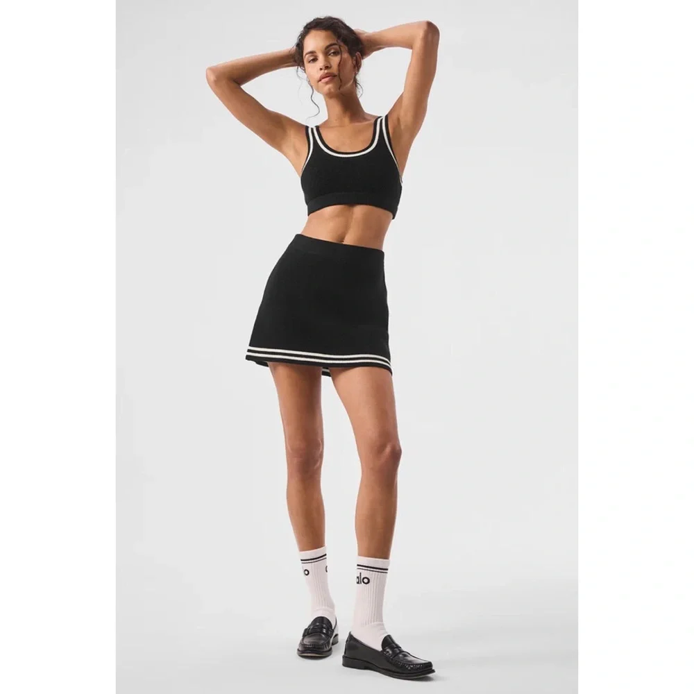 Alo Yoga Tennis Club Sweater Knit Skirt Black/Ivory S